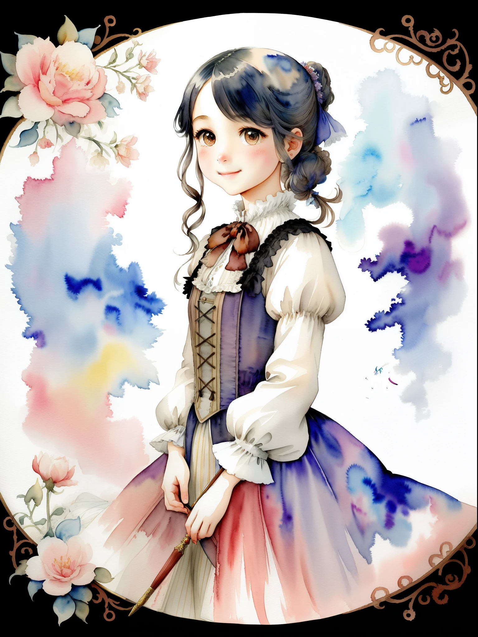 illustratio、watercolor paiting、 Fantasia、 Victorian girl、length hair、cute little、Deformed、portraitures、Smile、Playfulness
