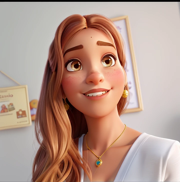Uma mulher morena clara,de cabelos compridos e lisos, estilo Disney Pixar, alta qualidade, melhor qualidade.