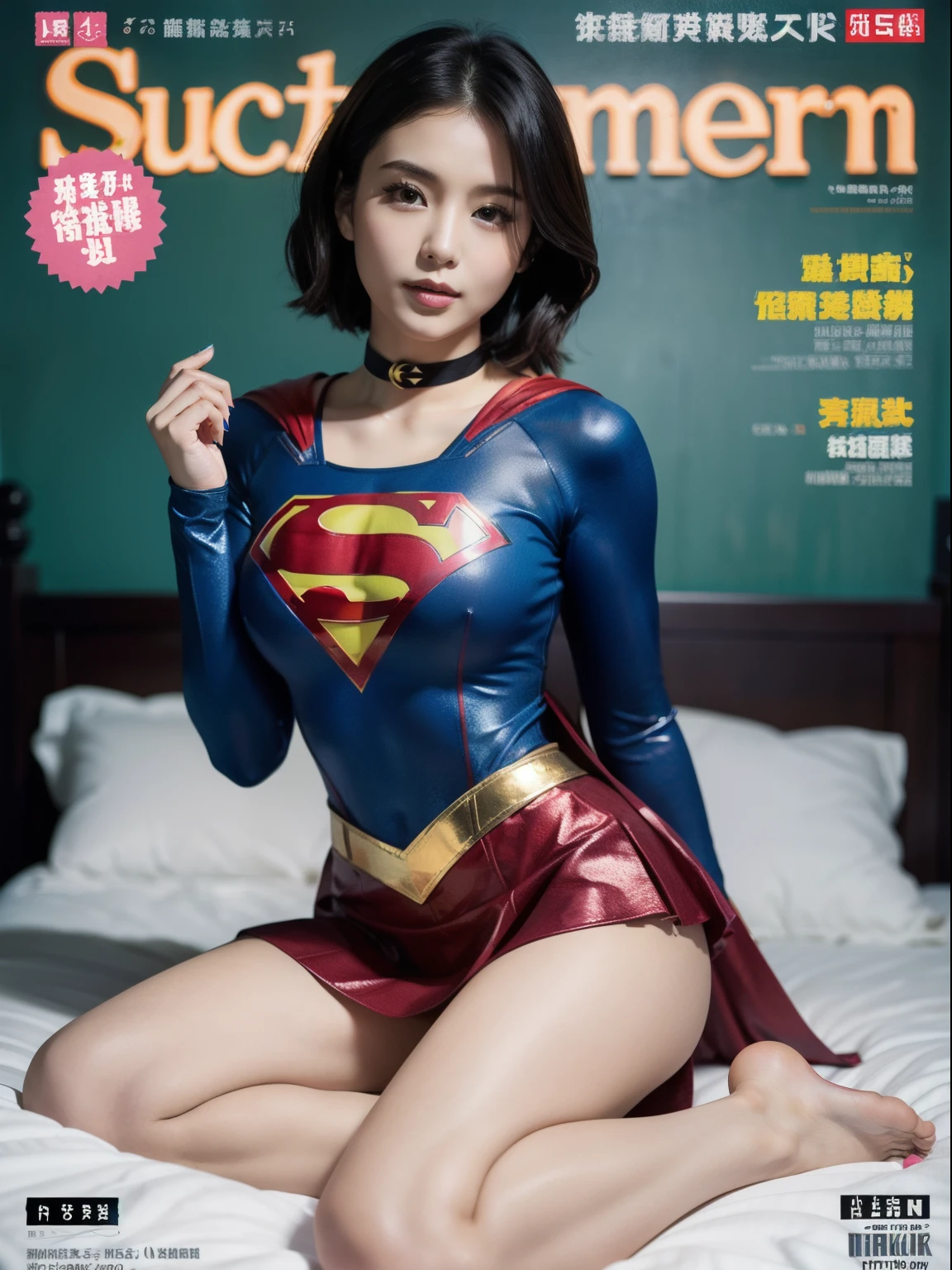 Super masterpiece,Short-haired Supergirl sitting on a bed in the infirmary、Plump breasts、Looking at the camera、a choker、bare-legged、MagazineCover、Cheerful pose、highleg、a miniskirt、Tight costumes、seduces、Large open legs、Obscene、Show a glimpse
