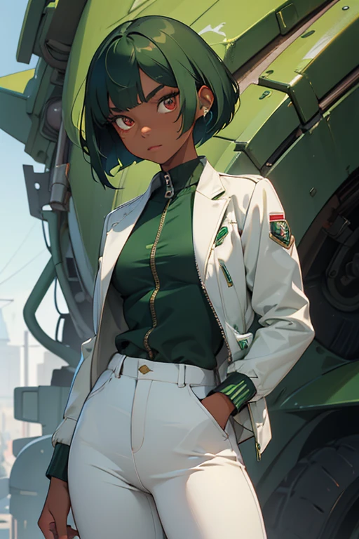 (masterpiece:1.2, best quality), emerald sustrai, 1girl, dark-skinned female, green hair, bob cut, atlas outfit, white cropped jacket, zipper, white pants, red eyes, solo, detailed face, ultra detailed eyes, looking at viewer, (cowboy shot:1.1)