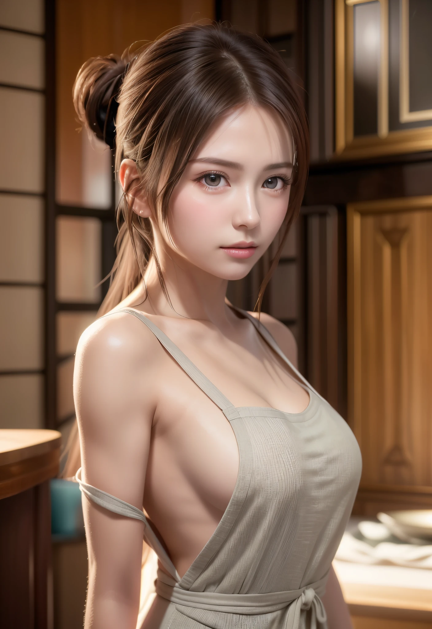 8K, of the highest quality, masutepiece:1.2), (Realistic, Photorealsitic:1.37), of the highest quality, masutepiece, Beautiful young woman, Pensive expression, Gentle eyes, Apron naked、Lovers、Hair tied back, Messy mood, Cinematic background,  Light skin tone