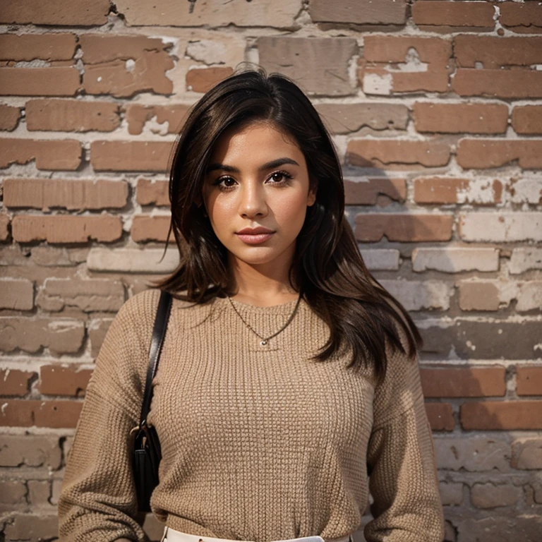 Trendy female influencer profile picture brick wall Hispanic mid 30s