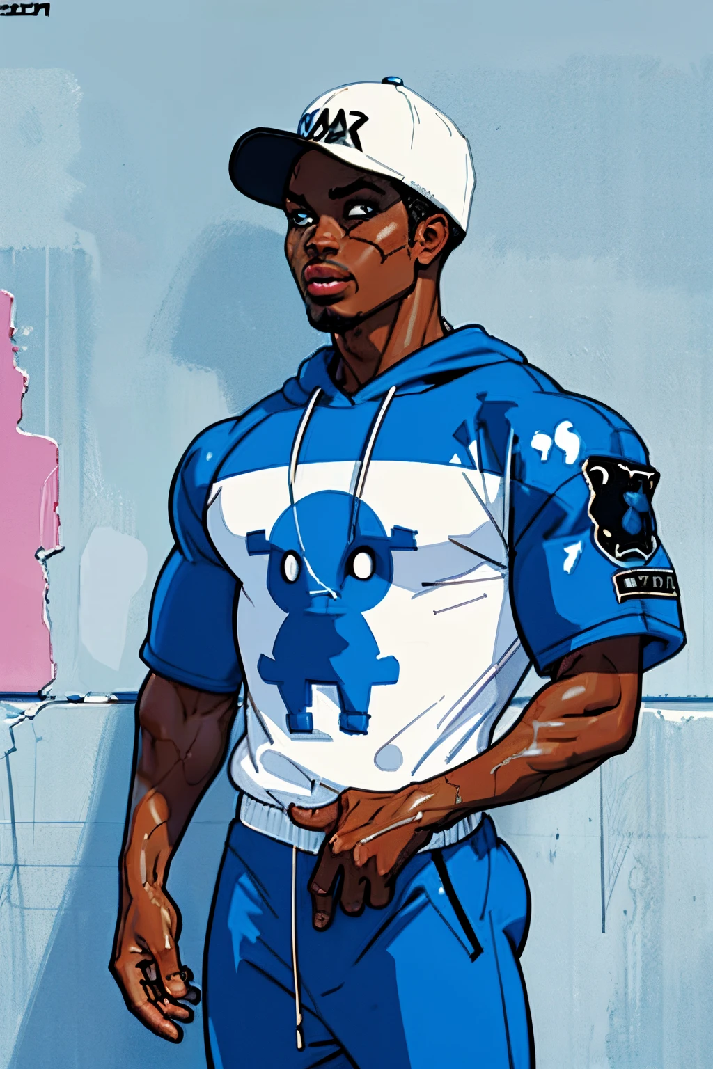 illustration of cartoon boy character, ebony boy afro American, wearing a blue baseball cap, futuristic attire, face only, graffiti on wall in background