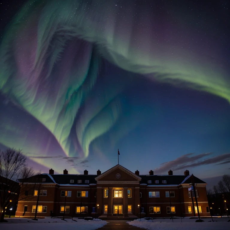 Capital university, Columbus ohio, with the northern lights above head.