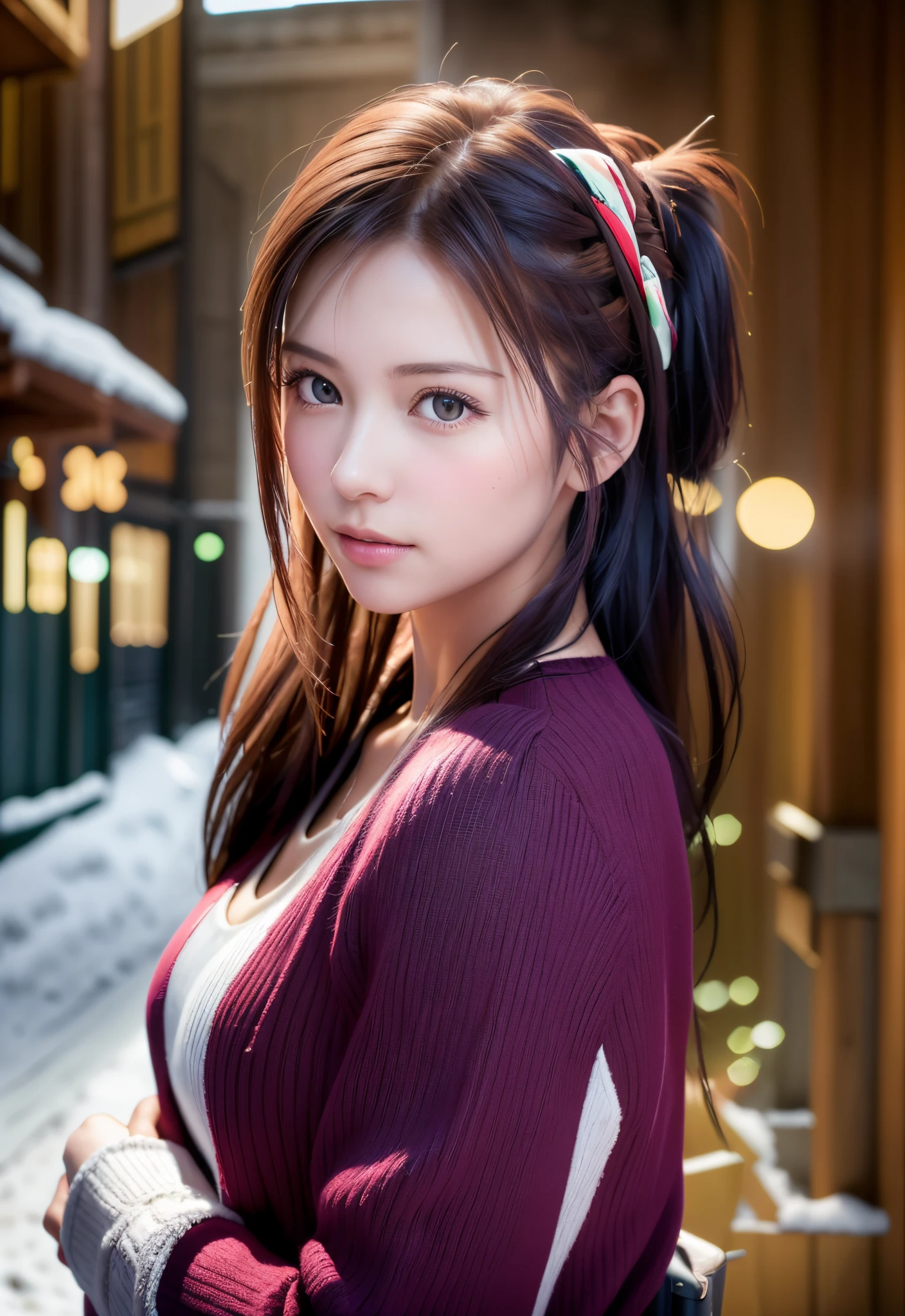8K, of the highest quality, masutepiece:1.2), (Realistic, Photorealsitic:1.37), of the highest quality, masutepiece, Beautiful young woman, Pensive expression,、A charming、and an inviting look, skiing、snowboarder、Ski Wear, Hair tied back, Cinematic background, Light skin tone、Ski Resort Background