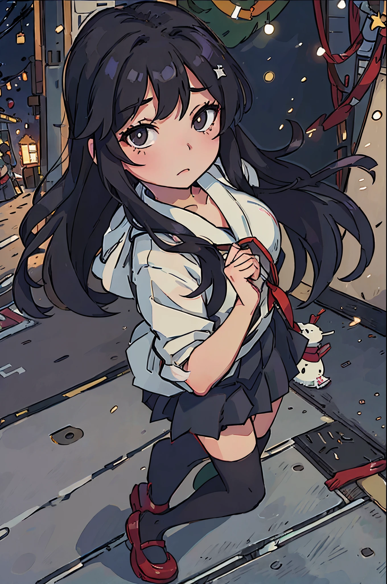 High school girl in uniform、Christmas、Japanese long black hair、natta、illuminations、street