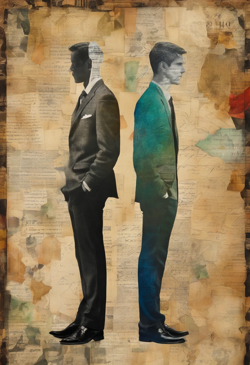 2 brothers back to back looking opposite ways into the distance. One is taller than than the other. The tall one has his face blurred. They are both geniuses