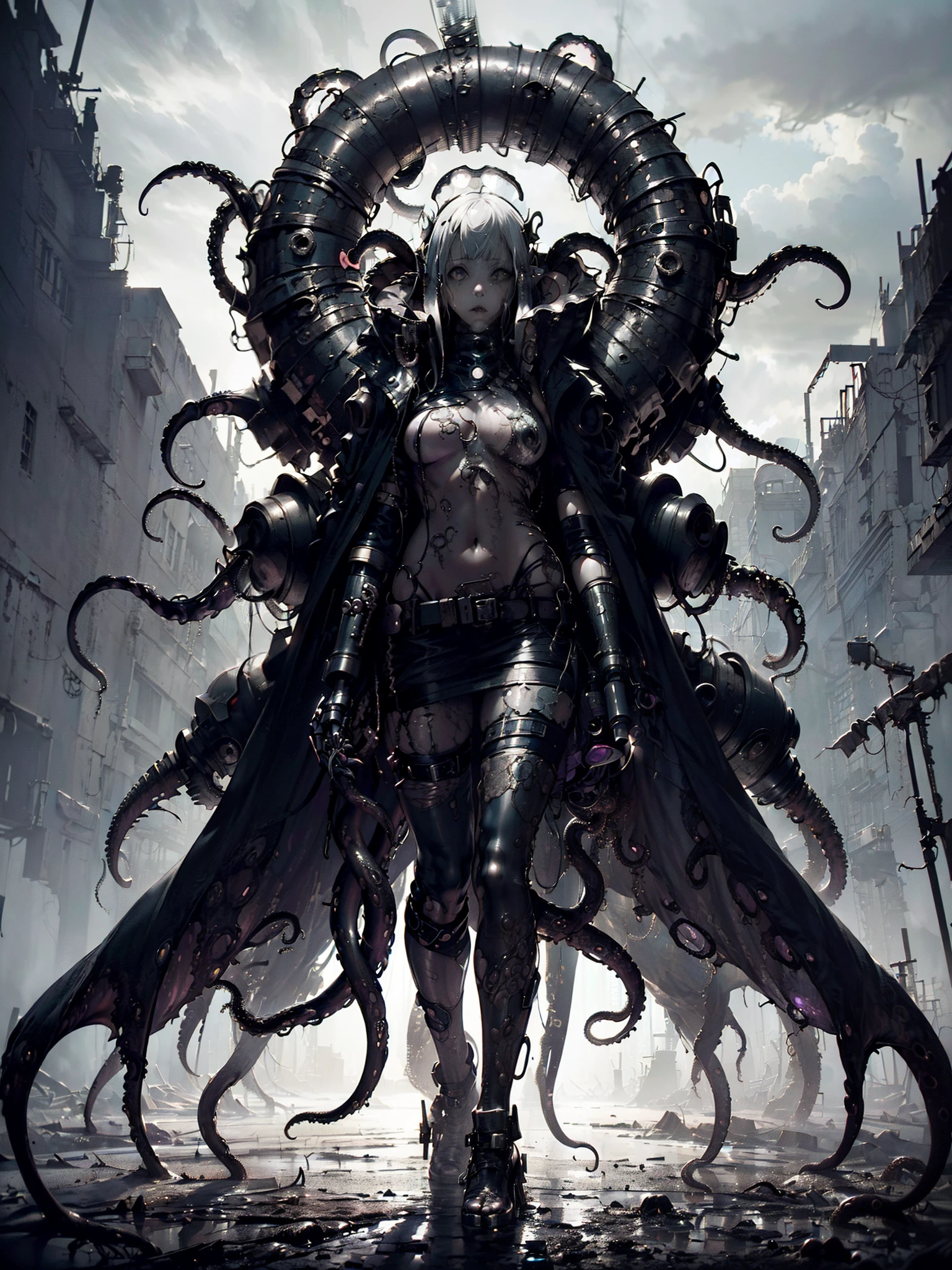 (((gloomy tentacle biopunk))), ((gloomy biopunk girl)), ((closed clothing)), biopunk cape-shaped clothes, closed pose, hands together, cold lighting, abandoned biopunk landscape, (scorn videogame style), horror atmosphere, presence of something terrible, highly detailed biopunk background, background by Hans Giger, perfect anatomy, masterpiece