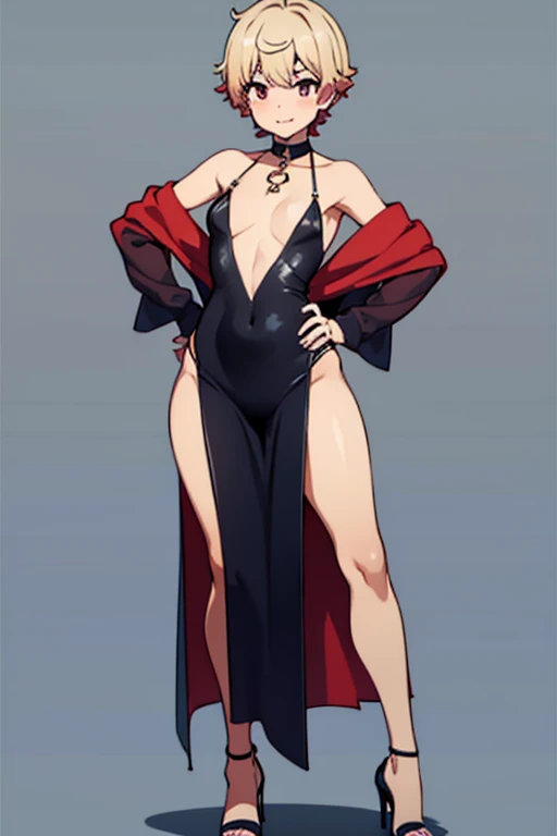 tmasterpiece,no breast,Small under the chest,A cup,Best quality at best,1 boy,Short hair boy hairstyle,High slit evening dress,high-heels,high-heels,An excited expression,A fuller figure,at a party,耳Nipple Ring,beautiful make up,Wearing a ring,Bright lipstick,perfect ass,The expression is very happy,flatchest