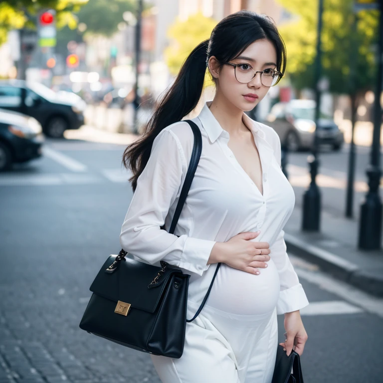 A pregnant woman with a large belly, black long hair, wearing a white shirt and a suit, with a black ponytail and glasses, walking on the street while carrying a bag. (best quality,4k,8k,highres,masterpiece:1.2), ultra-detailed, (realistic,photorealistic,photo-realistic:1.37), HDR, UHD, studio lighting, extreme detail description, professional, vivid colors, bokeh, portraits, black and white, soft pastel colors, gentle sunlight.