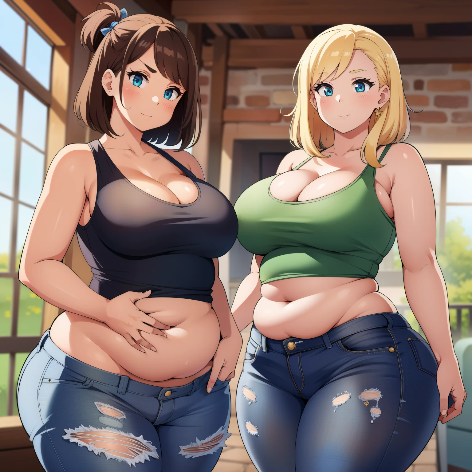 ((high res)), (Masterpiece), perfect anatomy, perfect shading, field of depth, (best quality), extremely delicate and beautiful, perfect lighting, detailed face, ultra cute face, cute, (cowboy shot 1.2), full body, (((2girls))), ((2 girls 1 and 2))

Girl 1: has long hair, fluffy hair, blonde hair, blue eyes, (crop top 1.2), (jean shorts 1.2), extremely tight clothes, medium breasts, cleavage, perky breasts, ((wide hips)), (thick thighs), (chubby), pudgy belly, fat rolls, belly hang,

Girl 2: has short hair, fluffy hair, brown hair, green eyes, (white tank top 1.2), (jeans 1.2), extremely tight clothes, medium breasts, cleavage, perky breasts, (((wide hips))), ((thick thighs)), (plump), chubby belly, fat rolls, belly hang, she has a jiggly belly,

Fast food restaurant, intricate background, detailed background, girls are standing next to each other,