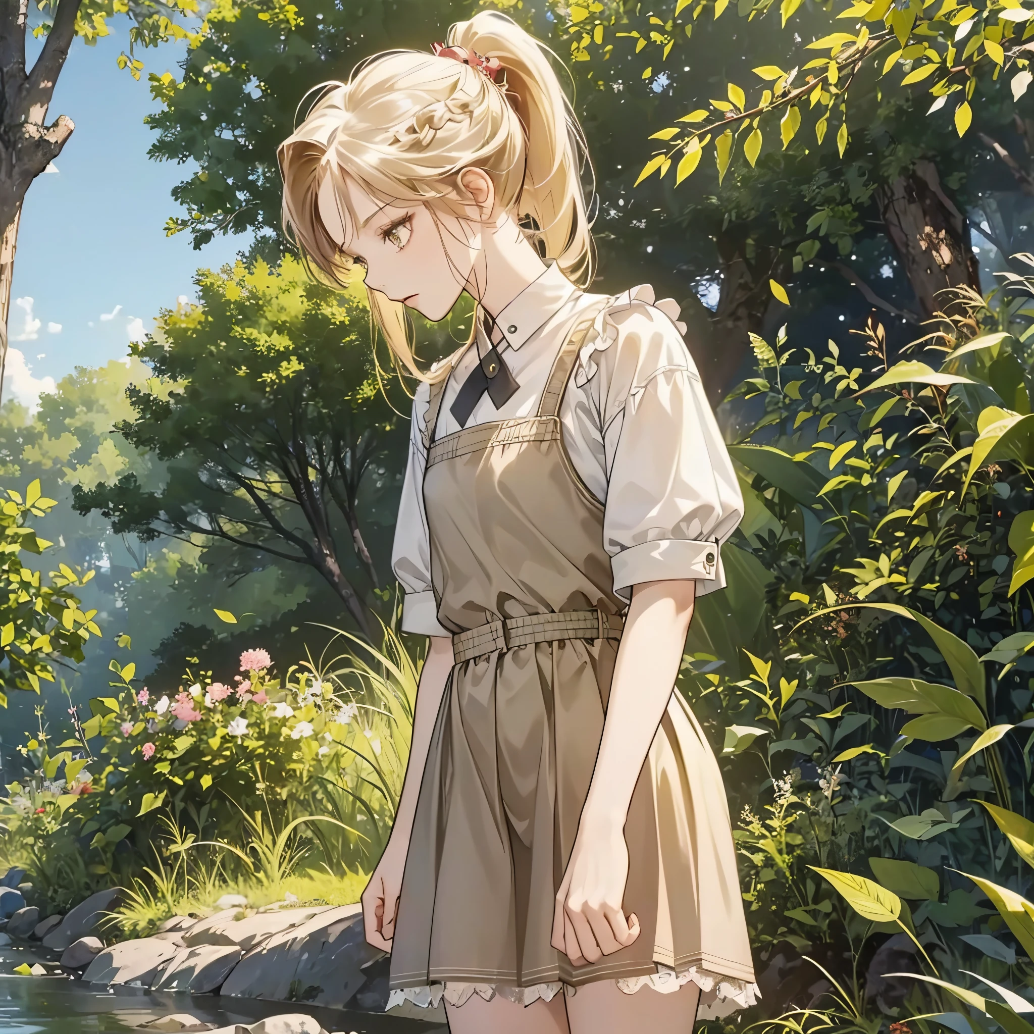 ((boold manga line style)), masterpiece, best quality, shabby clothes, boold manga line style, short hair neck length, tied pony, blonde, 1girl, solo, , bangs, tanktop, shorts, small pony tail, ((ponytail)), littrest background, abandoned girl, young girl, Dirty and patched beige dress, simple dress, worn by an orphan girl, dressed simple, braid, picking up nature stuff, serious expression, using nature as a tool, hardworking girl, Sorry clothes , patched clothes , dirty clothes , not clean, korean style