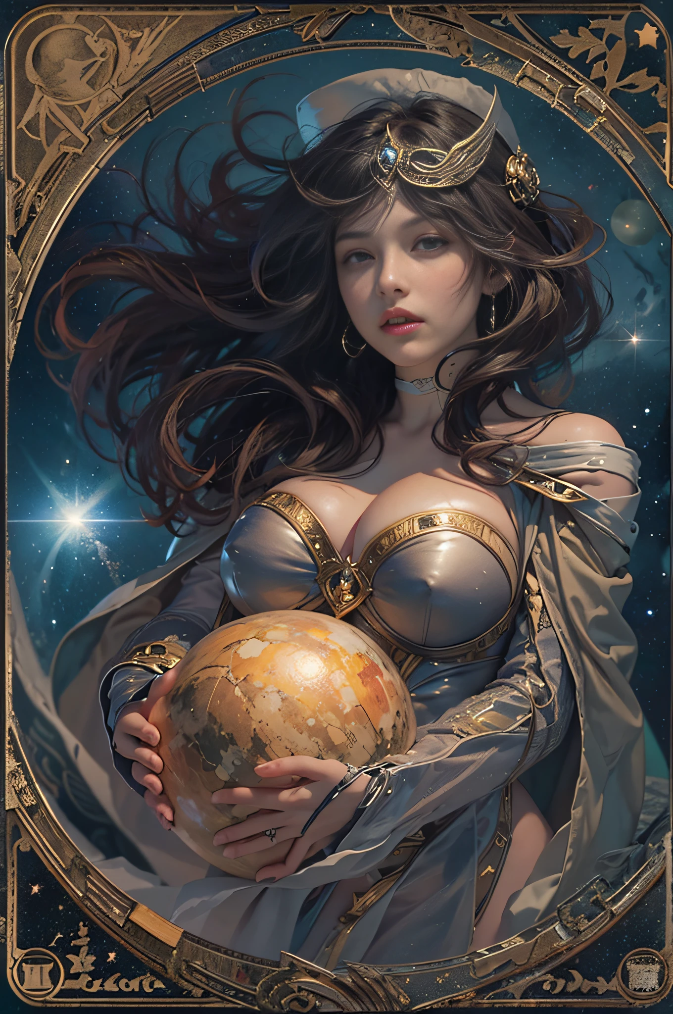 ((best quality)), ((masterpiece)), (detailed), perfect face, tarot card, galaxy woman, nsfw, big brests, nudes, holding planet