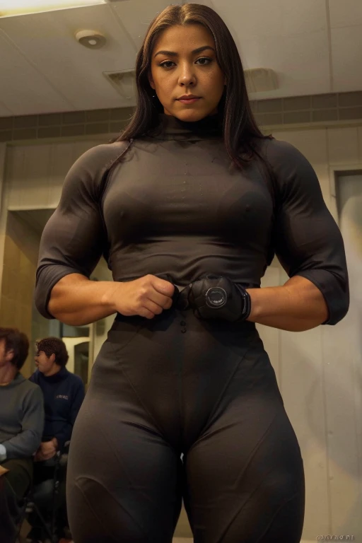 Reflective black satin jumpsuit ,cameltoe, crotch bulge,  A heavily muscled bulky muscular powerlifter fugure,heavyweight physique, bulging 20 inch biceps, A heavily muscled iffb pro female bodybuilder  queen latifah, feminine and muscular,  exaggerated muscle physique, big muscles,  massive muscles, 
bulging muscles,   ((A mature woman stands in front of an caffe)),((turtleneck shirts:1.3)). 40k, Photography, Masterpiece, Best quality, dark grey background, ((A plump chest)), Perfect face, perfect chest, ((chest-huge)), ((1 girl with brown eyes and gorgeous light black hair))，full soft chest and white skin, ((very soft chest). Ultra-detailed face, Detailed eyes, Embarrassed, Smile, Summer, Daytime, Half body, dated