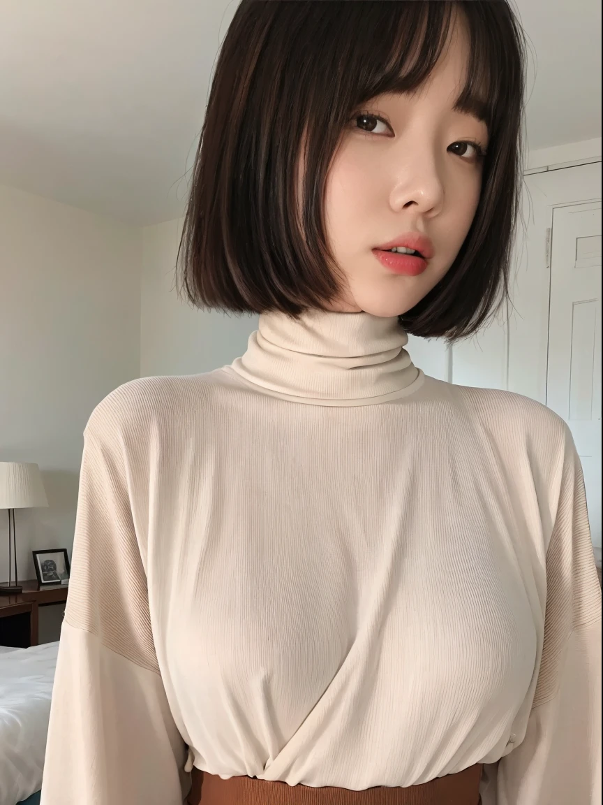 35-year-old woman、bokeh dof、(Photorealsitic:1.4、realisitic)、high-definition CG unified 8K wallpapers、1girl in、(HQ Skins:1.4)、8K UHD、Digital SLR、Shot in natural light、hightquality、film grains、FujifilmXT3、(((The upper part of the body:1.4)))、((robe blanche))))、(((inside in room、morning)))、femele, (Realistic),Casual Outfit, (Surreal), (hight resolution), (8K), (The content is very detailed), (The best illustrations), (beautidful eyes), (top-quality)、The specifics of shorthair,Brown hair,独奏,simple white knit girl, japanes,top-quality、超A high resolution、(Photorealsitic:1.4)、(详细的脸)、​masterpiece、top-quality、8K、realisitic、1girl in、Bob Hair、Japanese woman with bob、short-cut、white walls、Taken in front of the white door、Poses variadas、(((high neck winter clothes)))