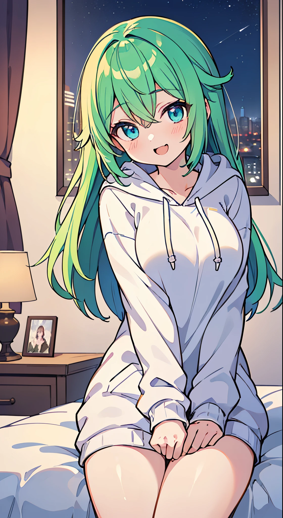 ((A Pretty girl with green hair and blue eyes))、((wearing white hoodie))、Loli face、((master piece、top-quality、ultra-definition、high resolution))、anime girl、((ultra-detailed illust:1.2))、only one person、bangs、hair between eye、beautiful hair、Beautiful eyes、Medium breasts、Big smile、opened mouth、((night cityscape))、((in the bedroom))