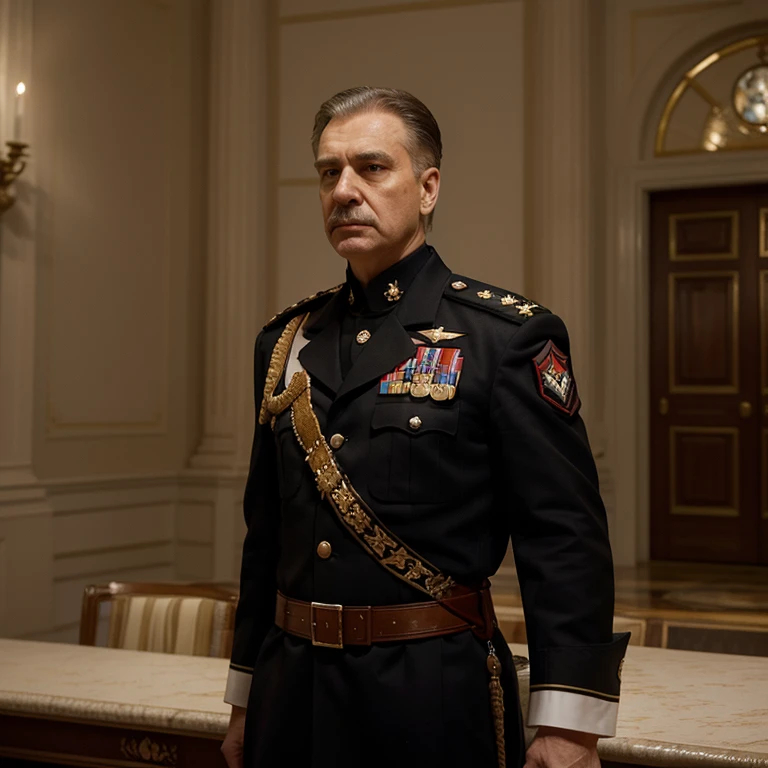 cinematic film still of <lora:Command and Conquer style:1>
Ben Carville a man in a uniform looks at the camera,solo,looking at viewer,1boy,male focus,uniform,military,facial hair,parody,realistic,mustache,bald Allied, American, US, Command & Conquer, Red Alert style, Command and Conquer style, shallow depth of field, vignette, highly detailed, high budget, bokeh, cinemascope, moody, epic, gorgeous, film grain, grainy