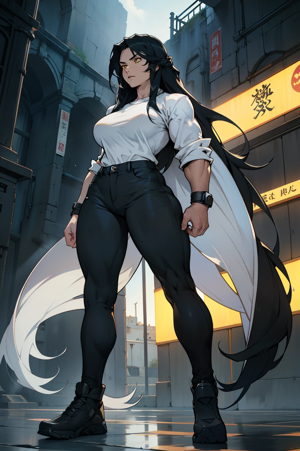 1 girl muscular pale skin muscular muscular muscular black hair yellow eyes huge breasts muscular muscular long hair long hair long hair long hair long hair long hair long hair long hair huge breasts long hair long hair long hair long hair muscular muscular long long long long long long long long long tight shirt tight pants full body from below