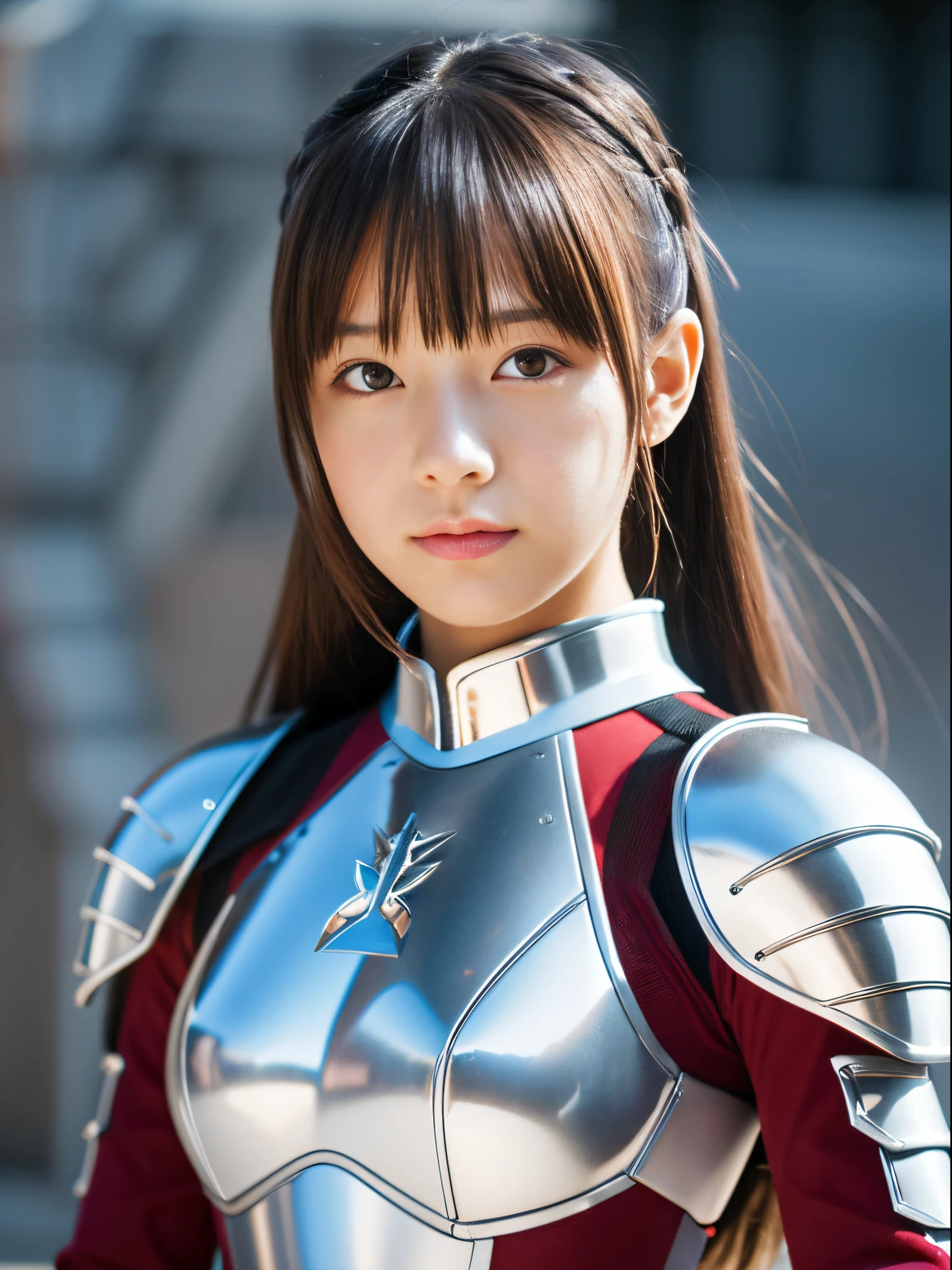 high-definition picture，(masutepiece), (Best Quality), (1 girl),Transcendent beauty,Details of face,Ultra high-definition images, Girl in Silver Armor, Cool pose, Battlefield Background, Beautiful hair, armor with red lines, Simple but cute battle uniform，looks like a white swimsuit,fullbody image,