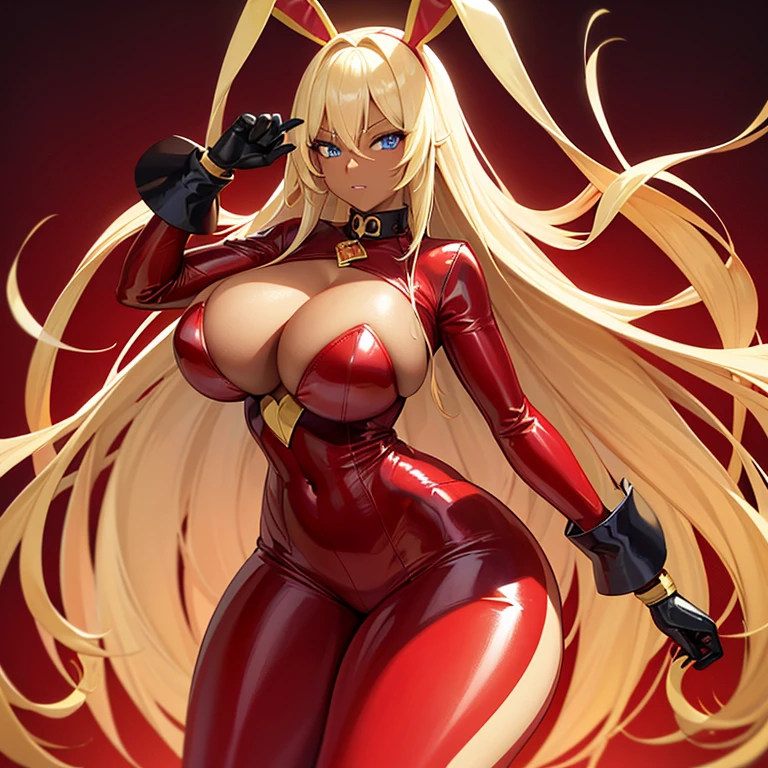 1 girl, long blond hair, dark skin, blue eyes, red latex bunny suit, red bunny ears, red high heels, massive boobs, large ass, wide hips, red, black, and gold background, gold chain, sexy, attractive, beautiful, masterpiece.