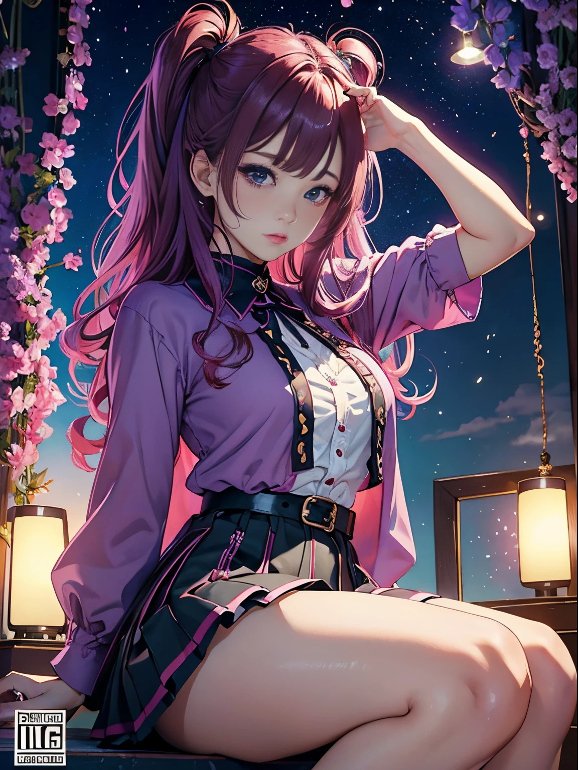 magenta tint、vivd colour、((masterpiece)))、(((top-quality)))、((ultra - detailed))、(Surreal)、(Very detailed CG illustration)、offcial art、CD cover、It will be、midsummer、Funky、The glorious 1980s、Cool beauty、cochetti gorgeous、incomparable beauty、Colorful hair、rock music、jaqueta de couro、Superskirt、Women only、perfect angle、Perfectcomposition、