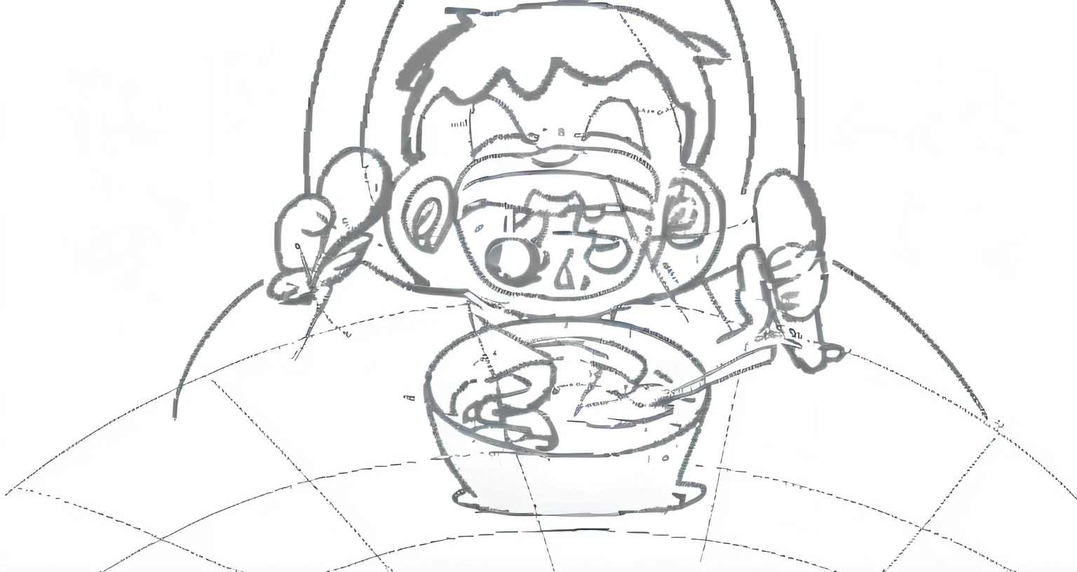 Cartoon of a little boy eating a bowl of food, pichacu cooks a squid, Animate, outline sketch, Rough sketch, stylized lines, Variable line art, Digital 2D Drawing, ligne, bold draft, thick outline, Inspired by Takamitsu Awataguchi, thick outline, contours!!!, creepy explorer sketch, eater