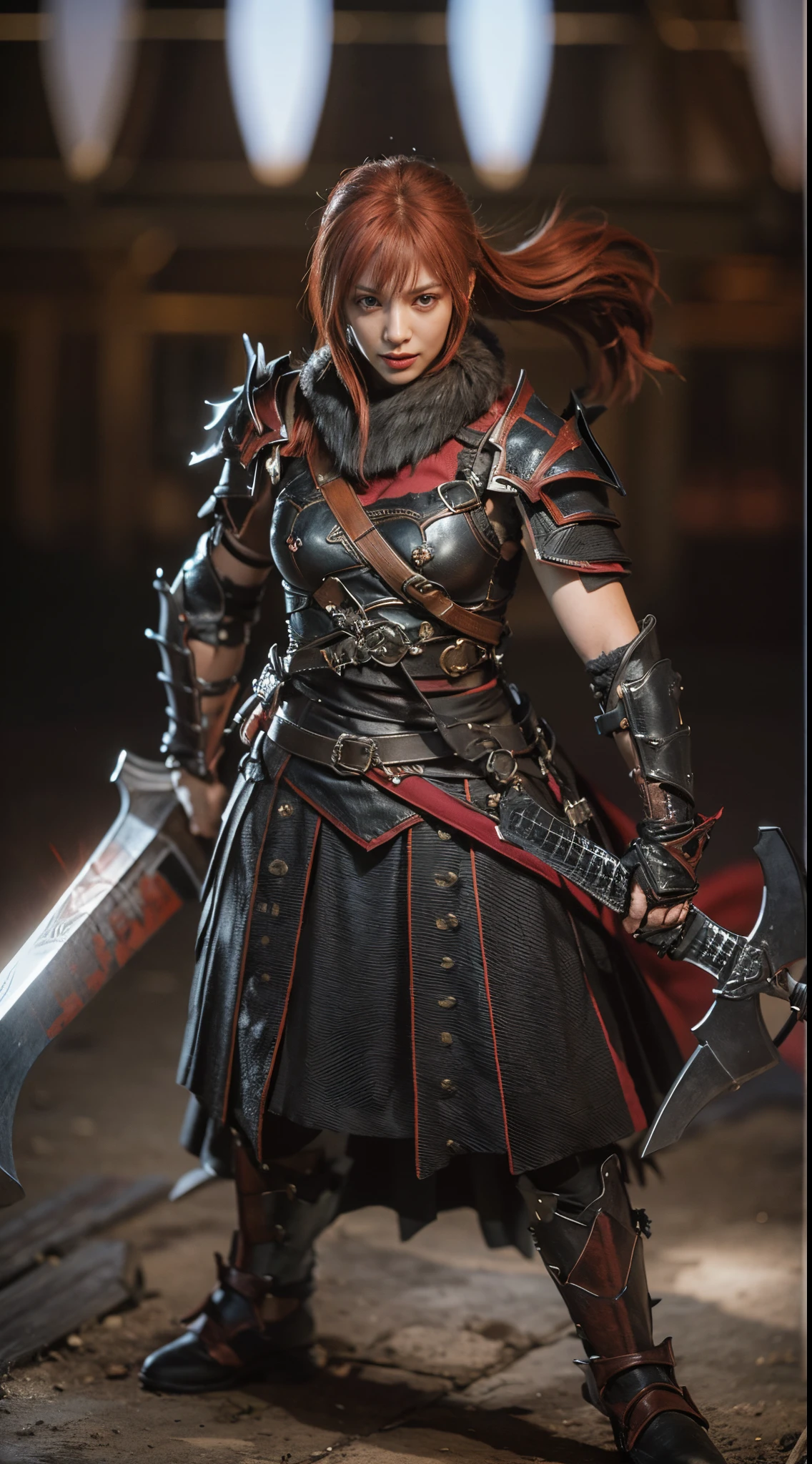 8k, best quality, highres, realistic, real person, A solitary warrior in a suspicious arena setting, without the demon lord. The warrior, lightly armored and with a sly smile, wields a large, ornately decorated axe. They have short red hair. The background is a mysterious and ominous arena, with a sense of danger and suspense. The lighting is dim and dramatic, enhancing the warrior's intense and cunning appearance.