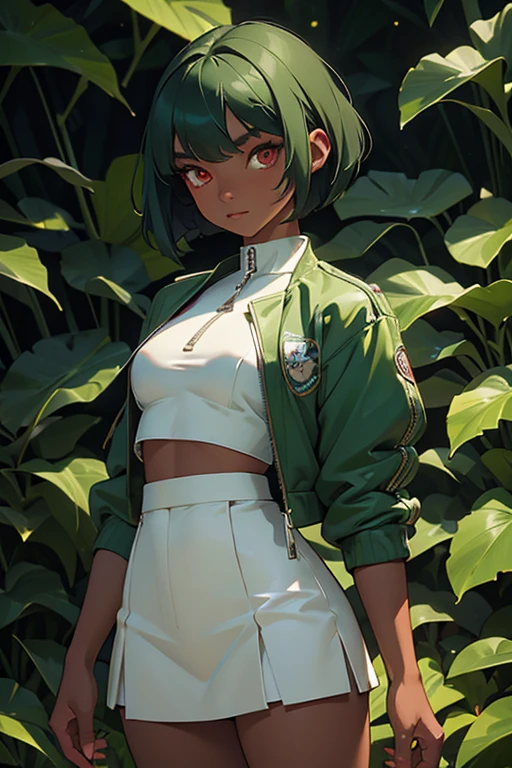 (masterpiece:1.2, best quality), emerald sustrai, 1girl, dark-skinned female, green hair, bob cut, atlas outfit, white cropped jacket, zipper, halterneck top, short white skirt, red eyes, solo, detailed face, ultra detailed eyes, looking at viewer, (cowboy shot:1.1), forest, park