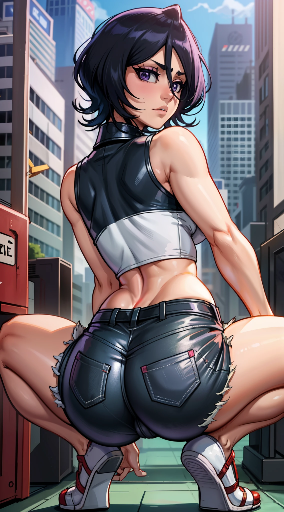 anime screencap, city, 1girl, solo, short hair, black hair, purple eyes, looking at the viewer, hair between eyes, lustful, closed mouth, ass, camel's foot, wide hips, short top, short shorts, unbuttoned shorts, squatting, legs apart, erotica, back, thicc curves voluptuous