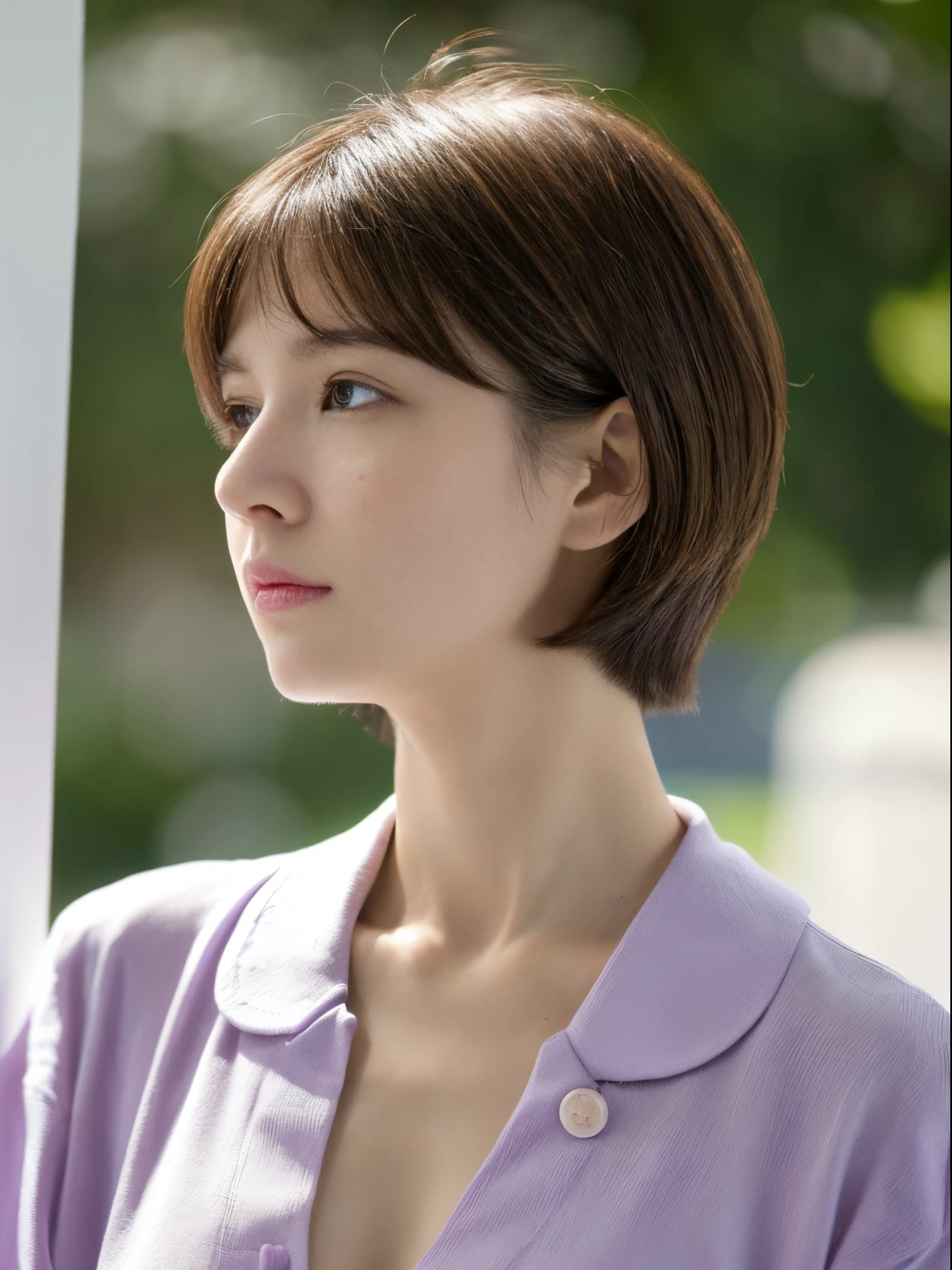 (Wear elegant clothes (Light purple) Button shirt:1.2),Close the button、((top-quality、8K、masterpiece: 1.3))、Perfect Body Beauty: 1.4、(Highlight Haircuts、Breast A Cup:1.2), tiny chest, Simple Necklace, hyperdetailed face、((Japan woman at 35 years old))、Pretty women、(Dark brown short-cut hair), Slim Face、Highly detailed facial and skin texture、very detailed lips、opens legs、top-quality、masterpiece、超A high resolution、(Photorealsitic:1.4), white walls、Taken in front of the white door、Poses variadas、profile、(Dark brown hair)、 (8K)、Shot in natural light、(Beautiful profile:1.3)