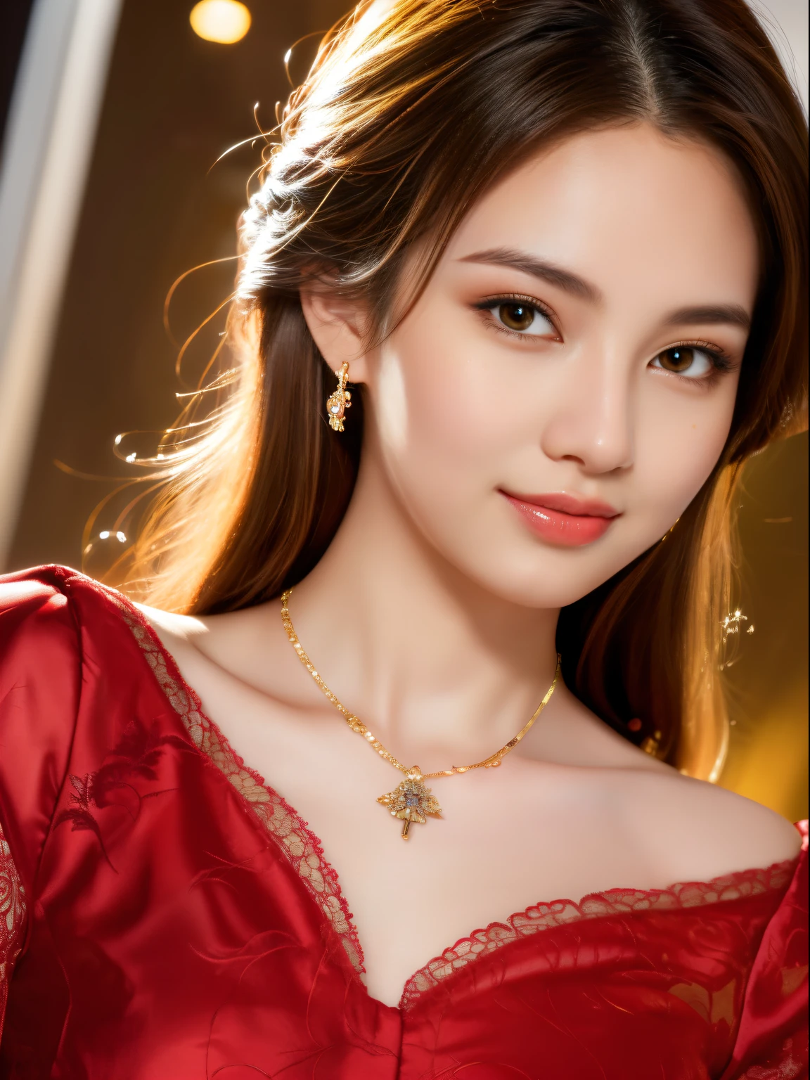 ((Best quality, 8k, Masterpiece :1.3)), Sharp focus :1.2, Perfect body beauty: 1.4, Slim abs: 1.2, ((chignon hair, small breasts: 1.2)), (Natural light), extremely detailed gorgeous autumn-leaf lace brassiere, extremely detailed gorgeous (((amber necklace))), tiara, highly detailed facial and skin textures, detailed eyes, double eyelids, (((Dynamic Angle)))