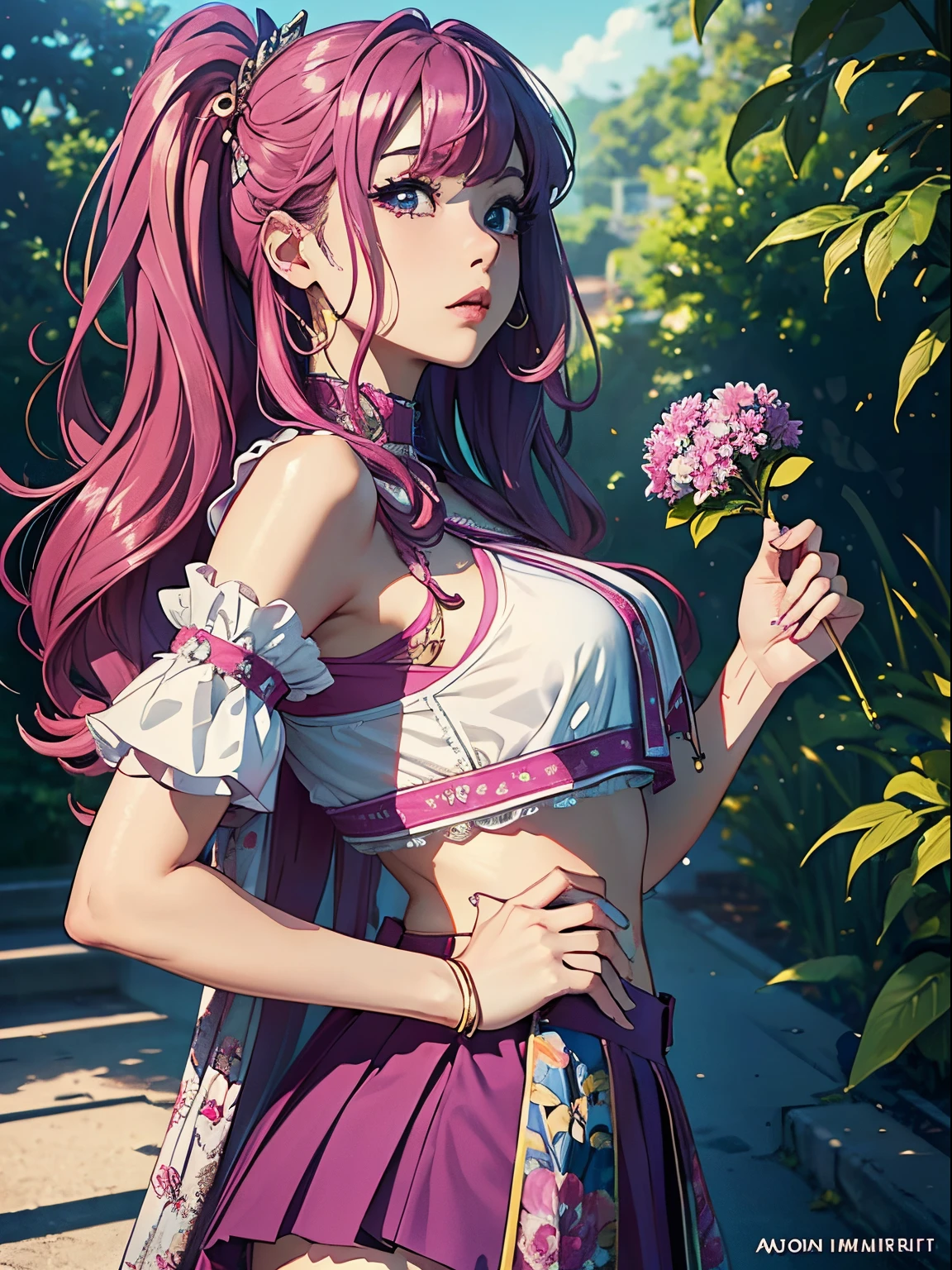 magenta tint、vivd colour、((masterpiece)))、(((top-quality)))、((ultra - detailed))、(Surreal)、(Very detailed CG illustration)、offcial art、CD cover、It will be、midsummer、Funky、The glorious 1980s、Cool beauty、cochetti gorgeous、incomparable beauty、Colorful hair、rock music、jaqueta de couro、Superskirt、Women only、perfect angle、Perfectcomposition、