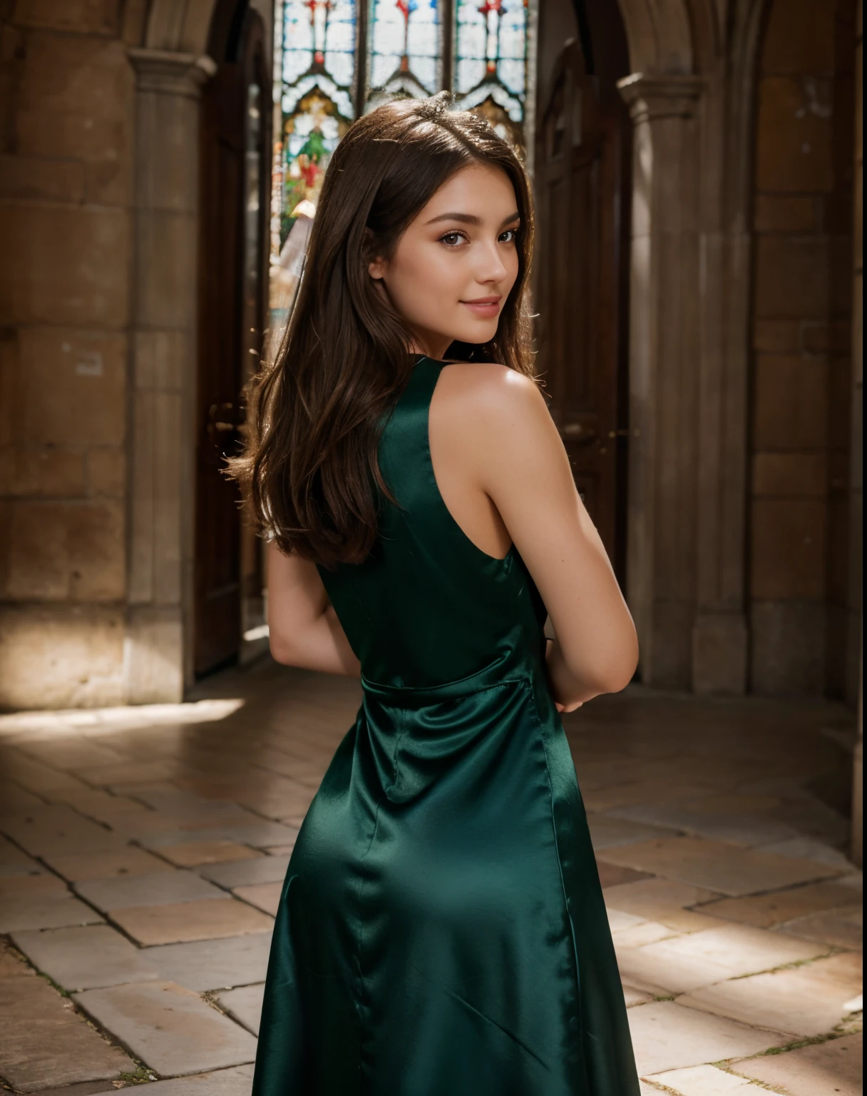 A beautiful european girl with brown eyes and brunette hair, wearing a wearing an elegant close-fitting dark green satin dress, standing outside a country church, smiling, ultra high resolution, (photorealistic: 1.4), high resolution, (brown eyes), (finely detailed skin), (perfectly proportions) (photos realistic) (masterpiece) (photorealistic), ultrarealistic (Best Quality) (Detailed) photographed in a Canon EOS R5, 50mm Lens, F/2.8, (8K) (Wallpaper) (Soft Lighting) (Convoluted) (Fashion)