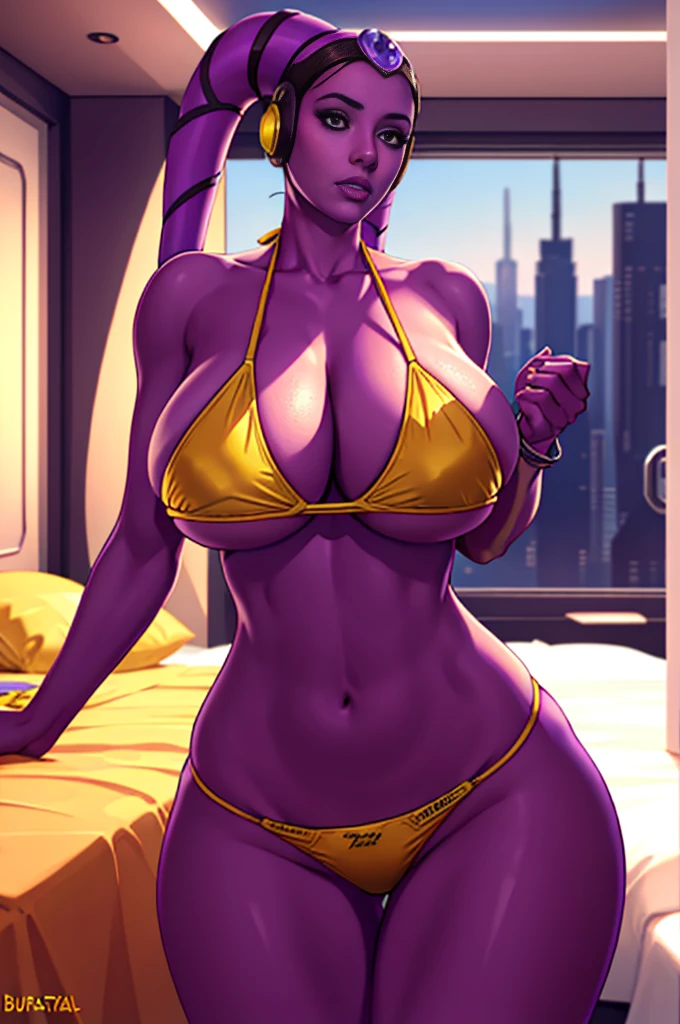 1girl, huge tits Twi'lek, busty, masterpiece, best quality, highly detailed, award winning, high definition, ((purple skin), twi'lek), ((yellow bikini))), panties), ((busty), slender body, thin, slim sexy body, slim waist, (((huge boobs, huge breasts)))), Imperial starship, Star Wars, futuristic bedroom, sexy big tits