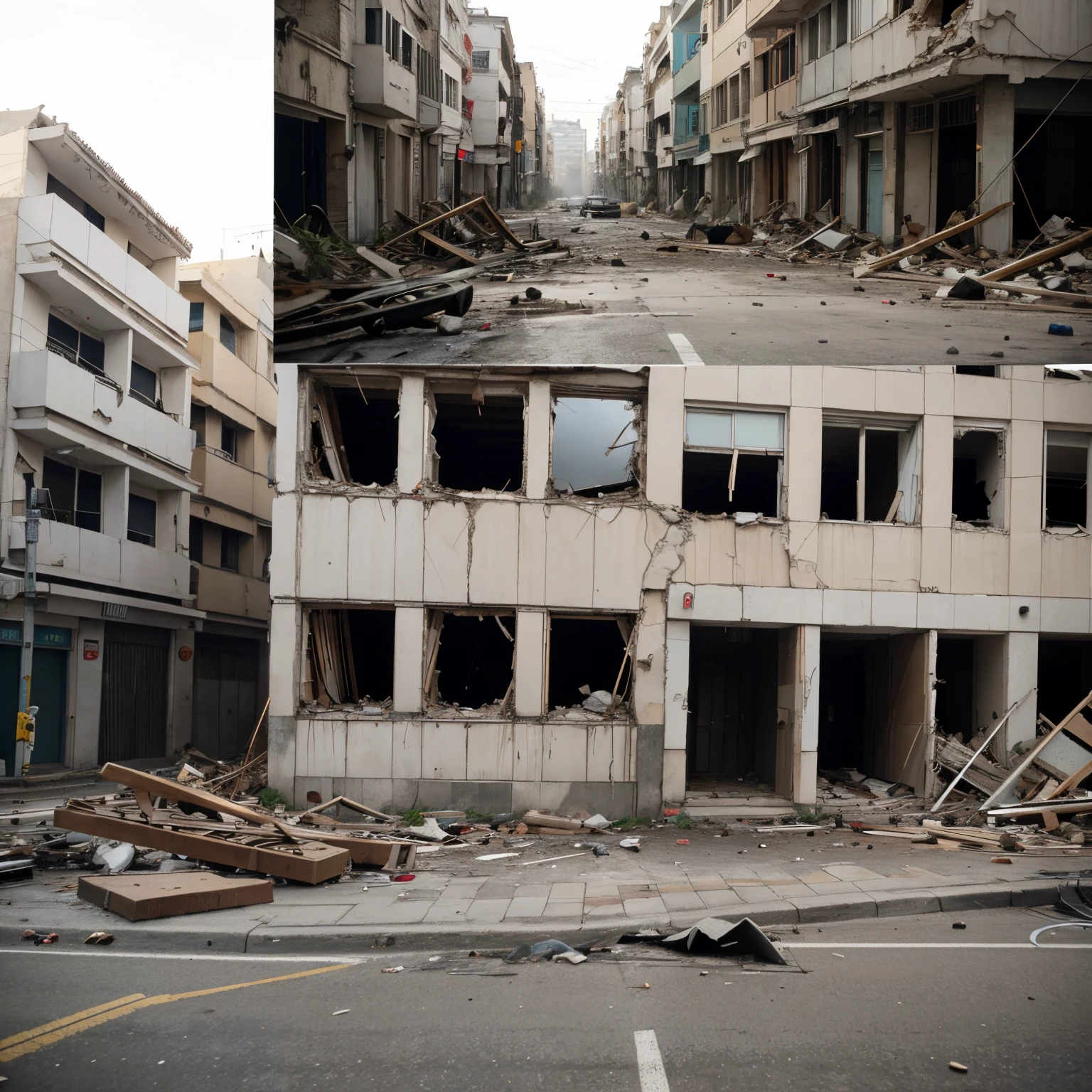 Streets and debris of buildings after earthquake vs before that