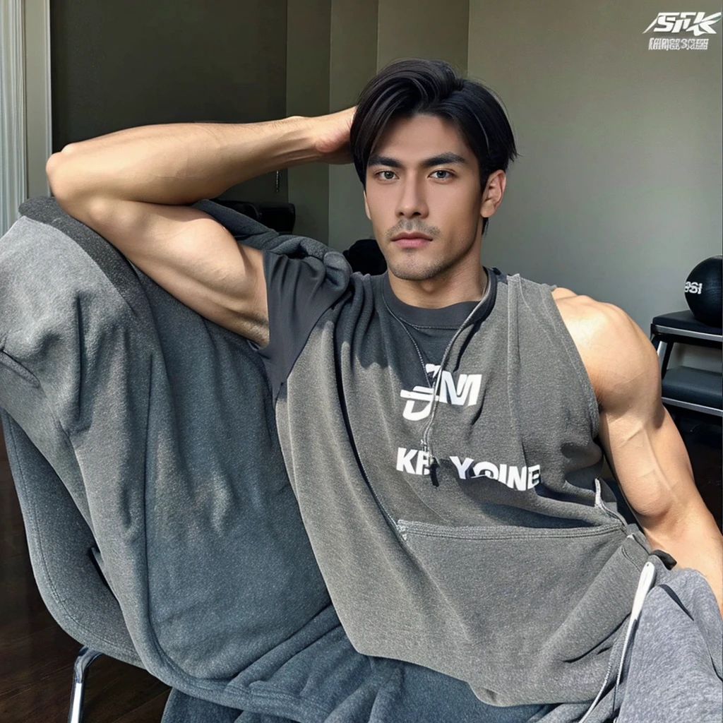 Muscular guy, gray eyes, short black hair, workout shirt, sweatpants, large chest, chiseled face, abs, stern face