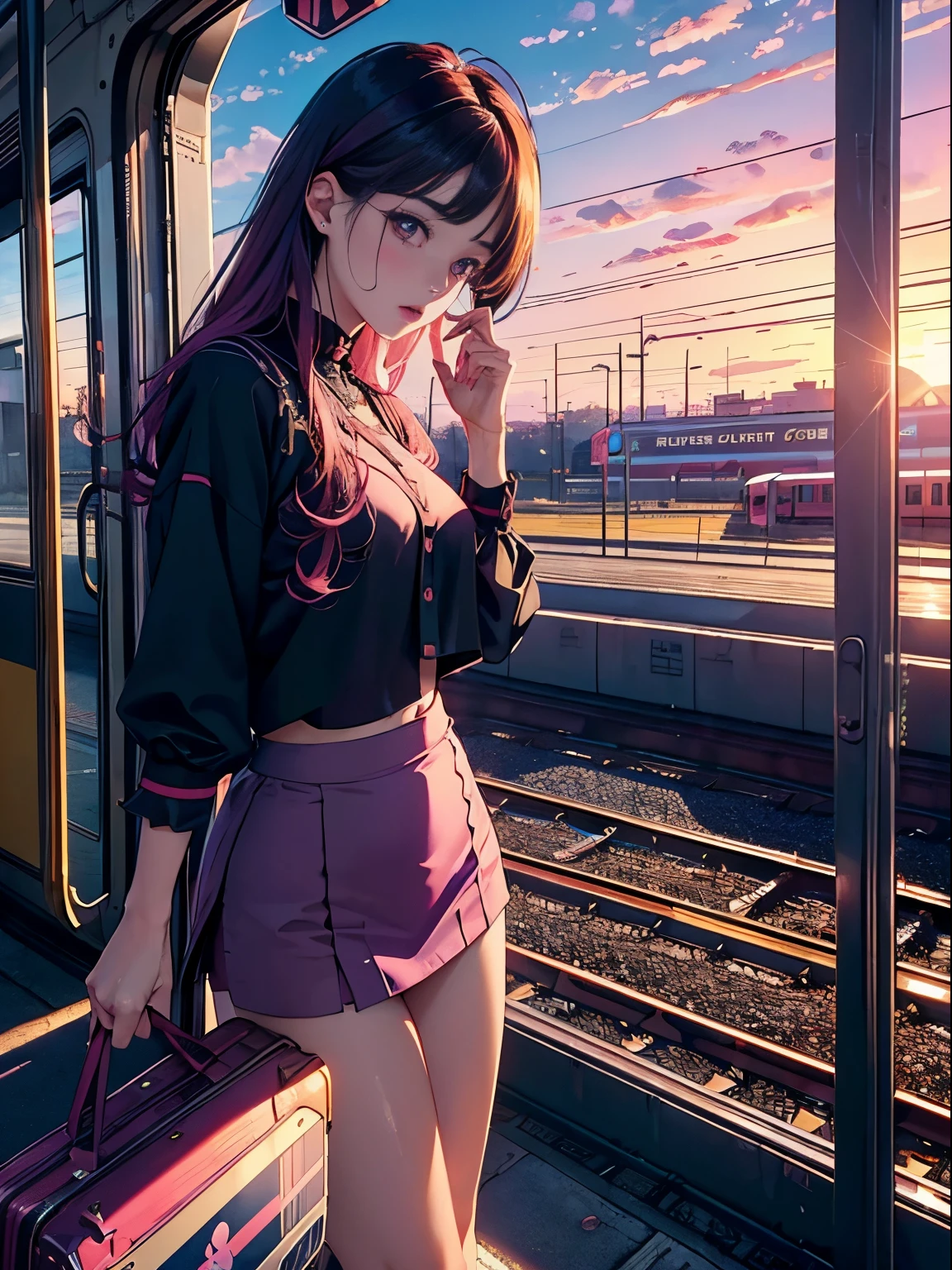 magenta tint、vibrant with colors、((tmasterpiece)))、(((top-quality)))、((ultra - detailed))、(Surreal)、(Very detailed CG illustration)、offcial art、CD cover、It will be、midsummer、fashionably、The glorious 1980s、Cool beauty、cochetti gorgeous、incomparable beauty、colorfulhair、Rock music、jaqueta de couro、Superskirt、Women only、perfect angle、Perfectcomposition、(twilight,railway station,train,rosy clouds),