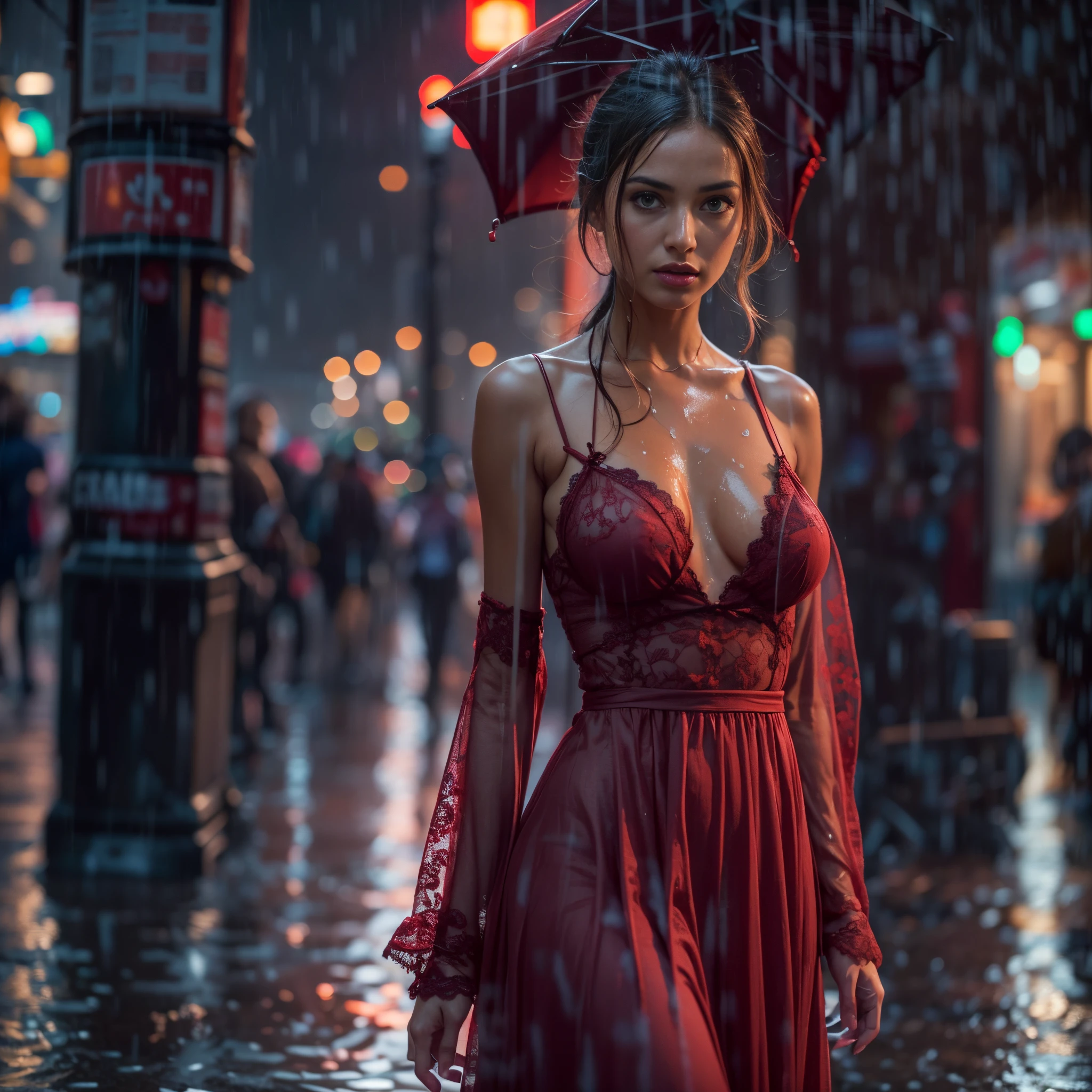 ((Best quality, 8k)), lace maxi dress, standing in the rain, red light district, highly detailed face and skin texture, detailed eyes, wet dress, wet body
