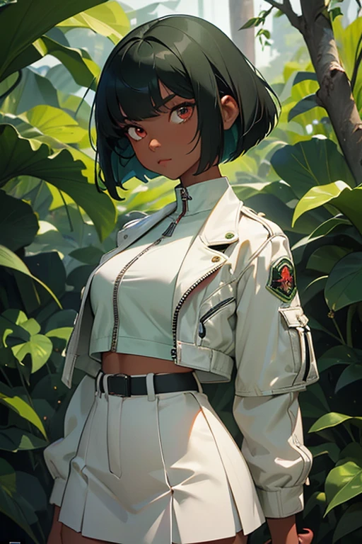 (masterpiece:1.2, best quality), emerald sustrai, 1girl, dark-skinned female, green hair, bob cut, atlas outfit, white cropped jacket, zipper, black halterneck top, short white skirt, red eyes, solo, detailed face, ultra detailed eyes, looking at viewer, (cowboy shot:1.1), forest, park