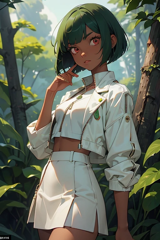 (masterpiece:1.2, best quality), emerald sustrai, 1girl, dark-skinned female, green hair, bob cut, atlas outfit, white cropped jacket, zipper, black halterneck top, short white skirt, red eyes, solo, detailed face, ultra detailed eyes, looking at viewer, (cowboy shot:1.1), forest, park