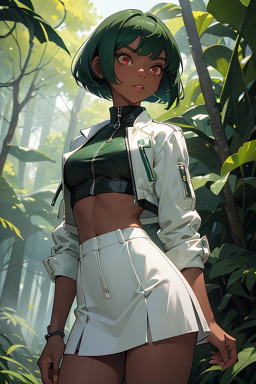(masterpiece:1.2, best quality), emerald sustrai, 1girl, dark-skinned female, green hair, bob cut, atlas outfit, white cropped jacket, zipper, black halterneck top, short white skirt, red eyes, solo, detailed face, ultra detailed eyes, looking at viewer, (cowboy shot:1.1), forest, park