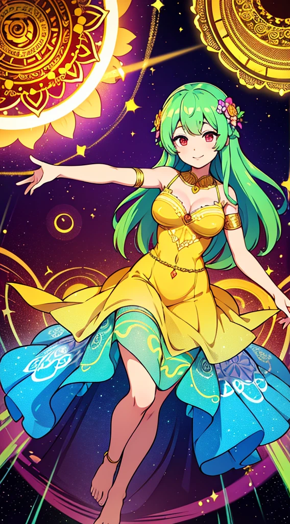 goddess of flowers, venusian goddess, solar goddess, dancing in a flower meadow with a belly dancer dress made of flowers, mandala of light behind her, kalachakra, magick circle background, heart-opening smile, golden crown made of flowers, green-blue hair, red eyes, light radiating from her heart, kobato anime style
