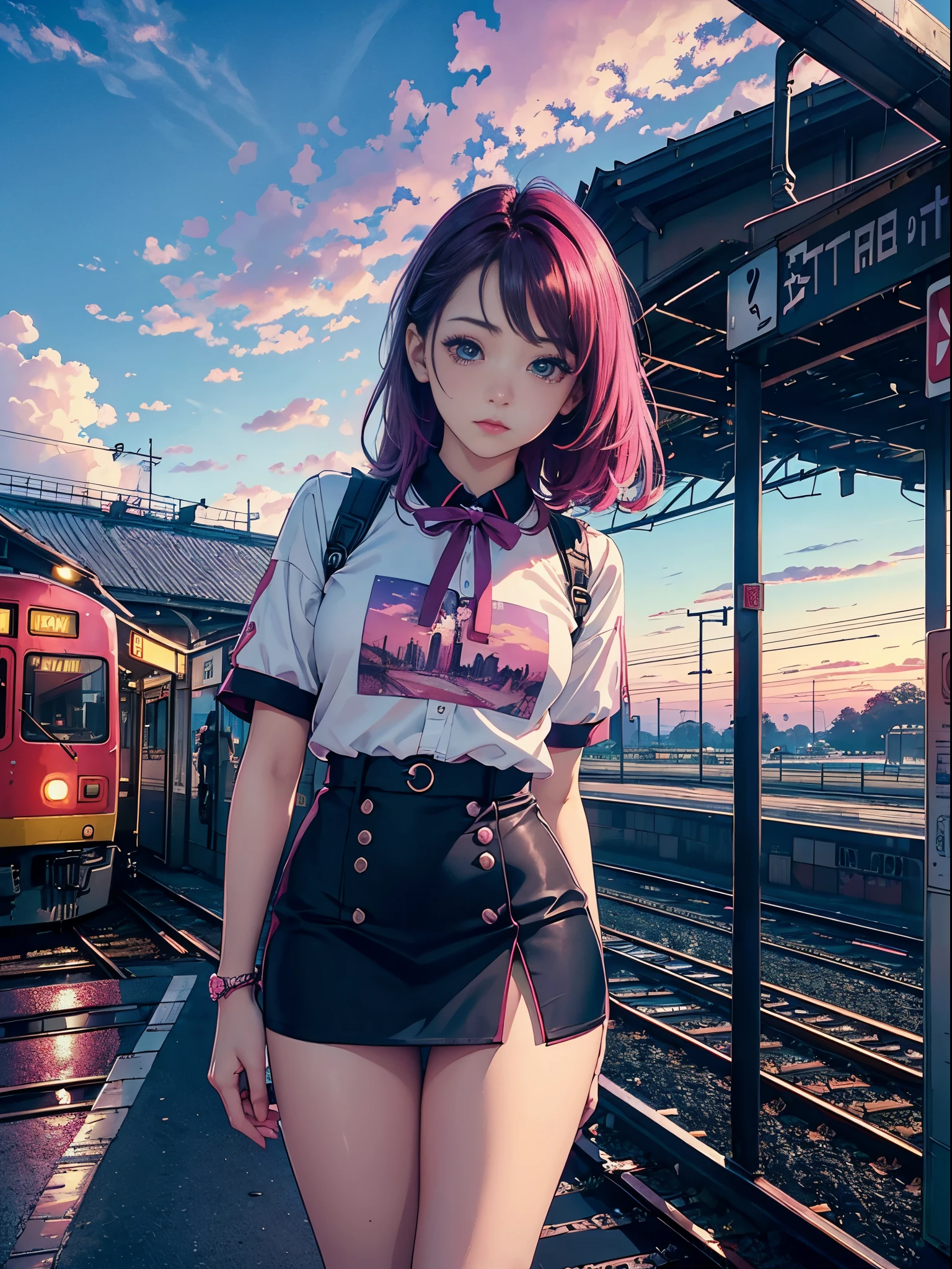 magenta tint、vibrant with colors、((tmasterpiece)))、(((top-quality)))、((ultra - detailed))、(Surreal)、(Very detailed CG illustration)、offcial art、CD cover、It will be、midsummer、fashionably、The glorious 1980s、Cool beauty、cochetti gorgeous、incomparable beauty、colorfulhair、Rock music、jaqueta de couro、Superskirt、Women only、perfect angle、Perfectcomposition、(twilight,railway station,train,rosy clouds),