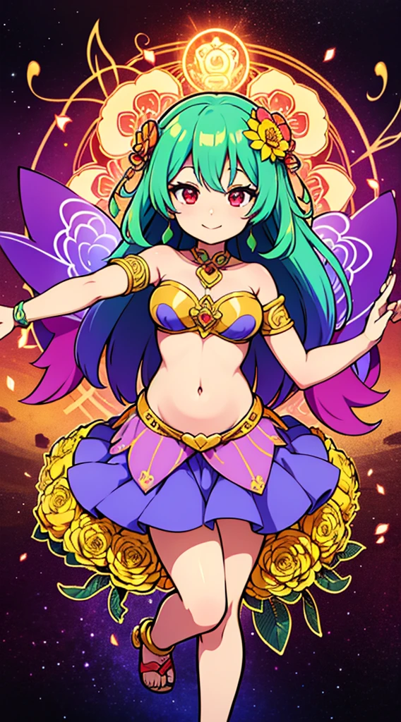 goddess of flowers, venusian goddess, solar goddess, dancing in a flower meadow, mandala of light behind her, kalachakra, magick circle background, heart-opening smile, golden crown made of flowers, green-blue hair, red eyes, light radiating from her heart, kobato anime style