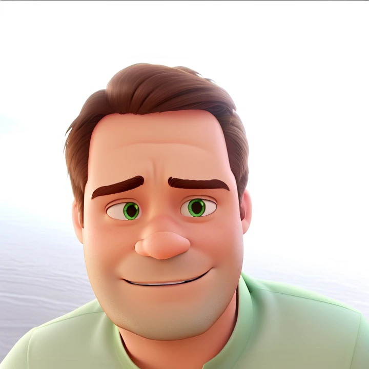 Um homem branco, alto forte, de camisa verde,estilo Disney Pixar, alta qualidade, melhor qualidade.