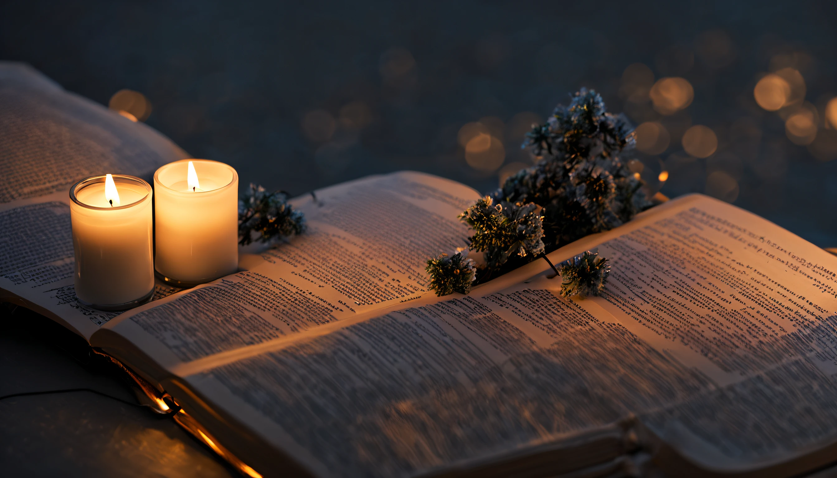 Create a starry night image with stoic elements, como um livro e uma vela, transmitindo tranquilidade. Use dark tones for the night sky, acentuando as estrelas. Symbolically position the book and candle to suggest introspection and serenity. Make sure the candle's soft glow evokes calm and contemplation