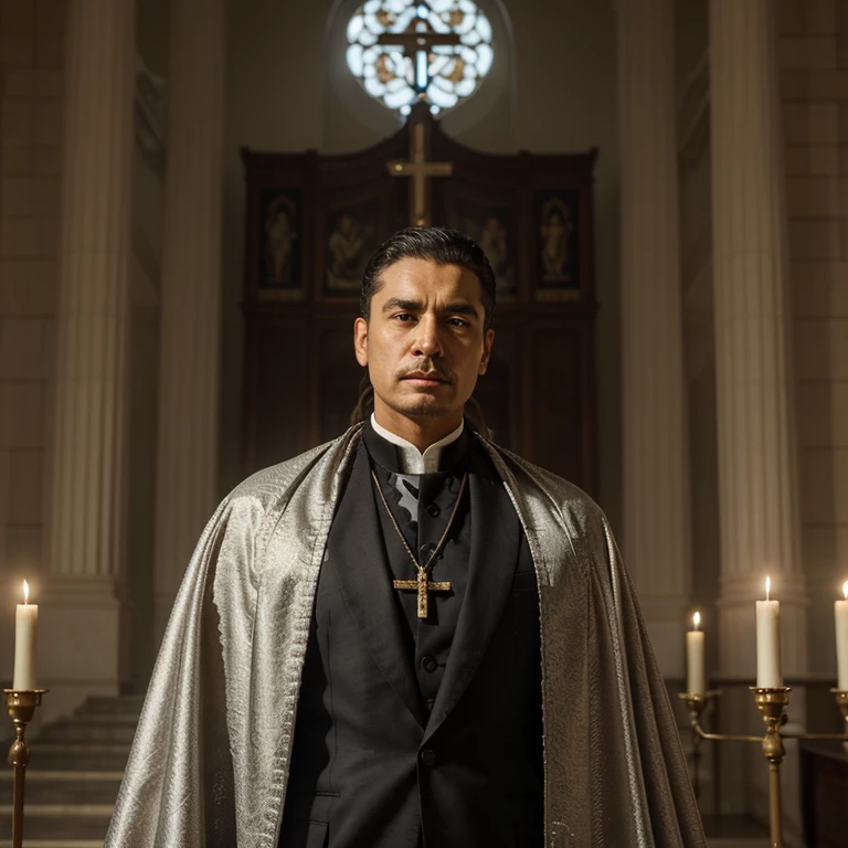 In the opulent and grandiose throne room, amidst the flickering candlelight, a formidable figure stands tall. Meet King Ramiro, a commanding 67-year-old authoritarian Latino monarch, exuding an air of unwavering authority and religious devotion. Clad in a meticulously tailored black suit, accentuating his dignified stature, he effortlessly commands the room's attention. His silver hair, neatly trimmed, adds an air of wisdom and experience to his demeanor. As the epitome of ultra-religious Christianity, King Ramiro's devoutness is palpable. A small golden cross, hanging from a chain around his neck, serves as a constant reminder of his unwavering faith. Observing him closely, one can discern a subtle reverence in his deep-set eyes, reflecting his fervent piety. An aura of solemnity surrounds him like a protective cloak, as if he carries the weight of generations of monarchs before him. This is a regal figure whose mere presence demands respect and obedience. Tonight, he is gathered with diplomats from far and wide, the world's most influential individuals, to negotiate an invaluable alliance. As King Ramiro confidently poses for photographs, his unwavering commitment to his faith and purpose is evident. The room buzzes with the whispers of diplomats, in awe of his unwavering dedication to religion and his authoritative demeanor. King Ramiro, in his sovereign elegance, represents the embodiment of a Latin American ruler, a beacon of authority, faith, and tradition.