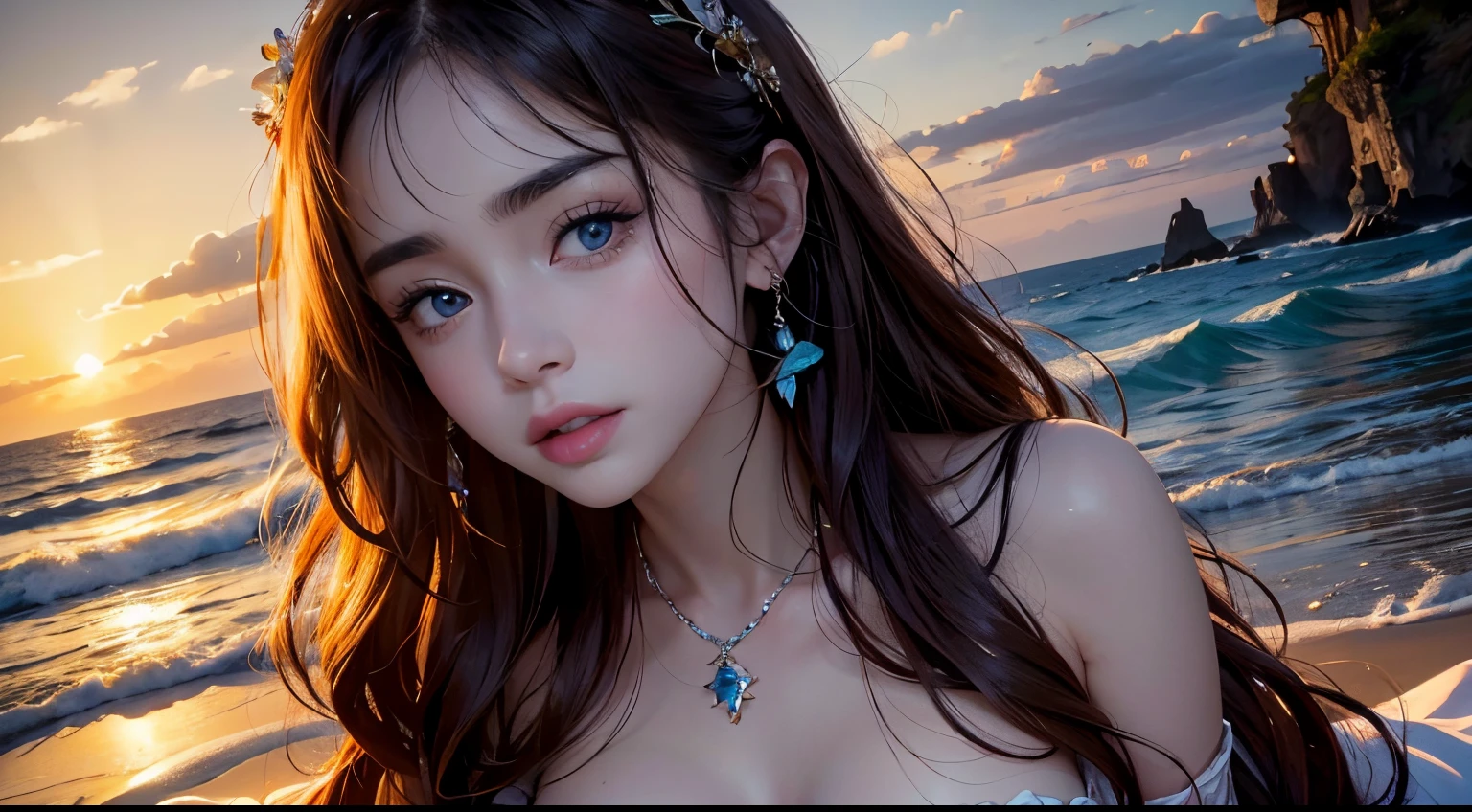 One Girl,High resolution, high quality, Tabletop, MXMK White Dress, Bare shoulders, Purple eyes, White Dress, shock, Beach、Super detailed face、Detailed eyes、Detailed face、double eyelid、Cleavage:1.2、