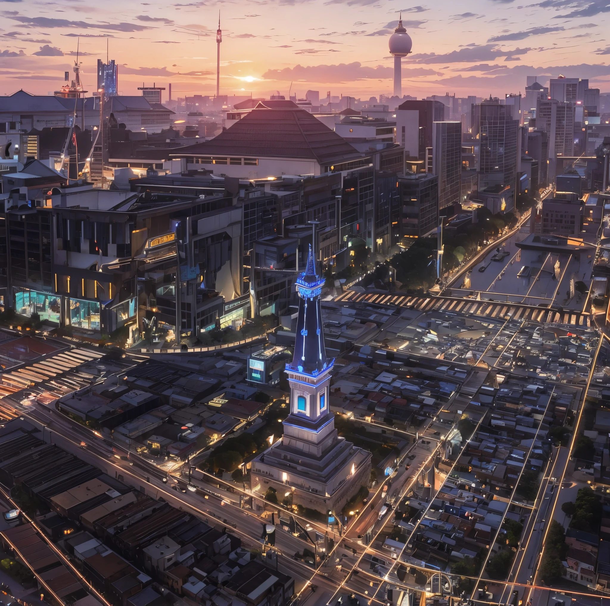 arafed view of a white tower with a clock on top of it, south jakarta, jakarta, during sunset, shot from drone, beautiful image, during dawn, indonesia, early morning, at sunset, sunset view, with sunset, during sunrise, view from above, early in the morning, taken at golden hour, in the evening, monument, surrounding the city