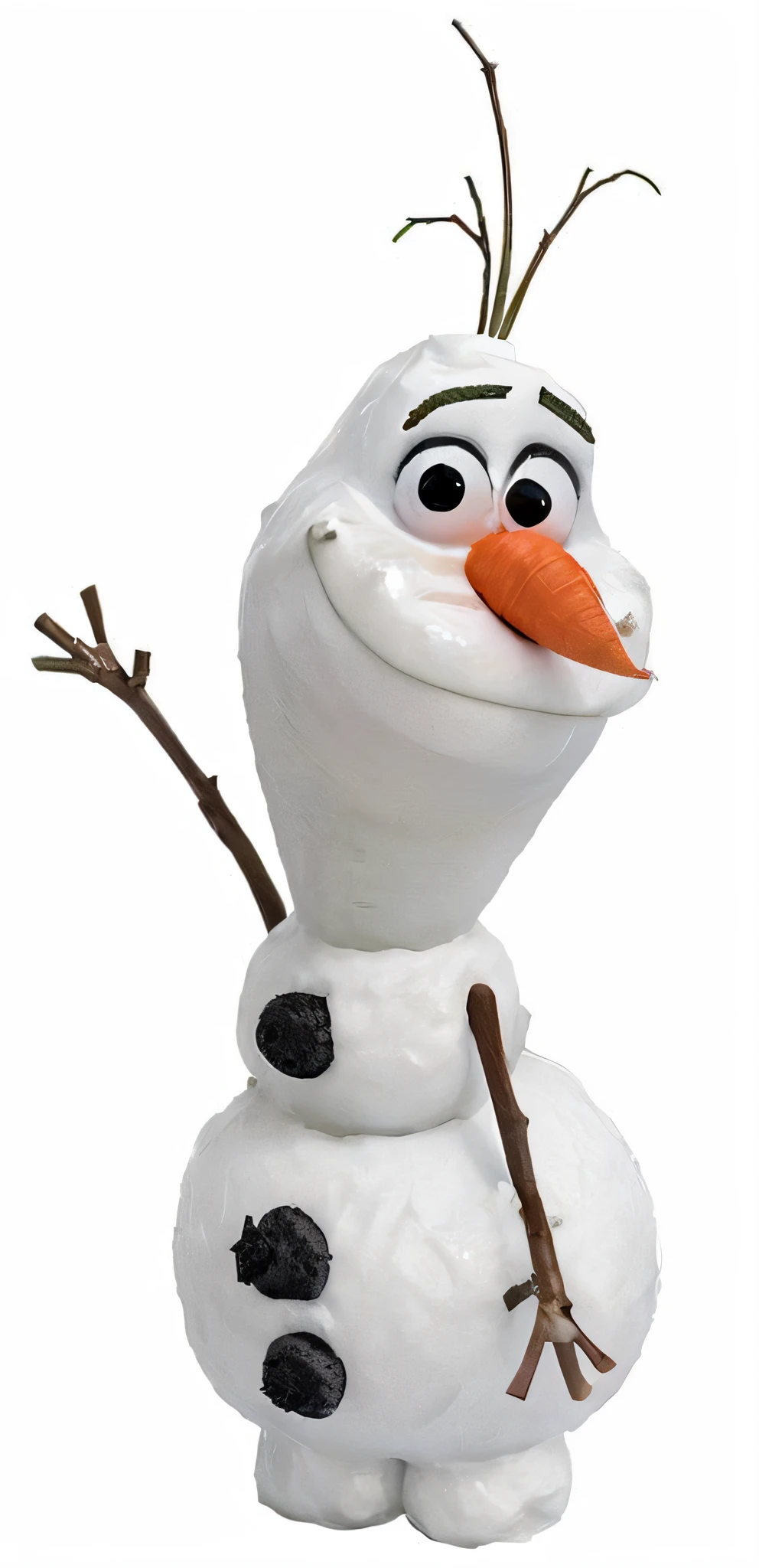 a snowman made of three snowballs, uma cenoura pontuda que serve de nariz, grande, round eyes and innocence, Uma ampla, friendly smile, dentes desalinhados, fino, irregular branches like arms, and three black buttons running down the torso, gravata borboleta feita de folhas verdes e com sobrancelha grossa.